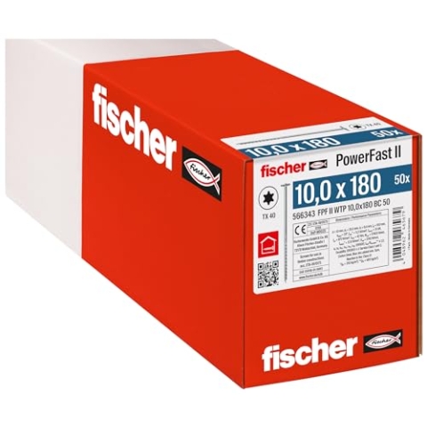 fischer PowerFast II WTP 10,0 x 180, kraftvolle Holzbauschraube mit Tellerkopf, Innenstern-Aufnahme und Teilgewinde, für den konstruktiven Holzbau, 50 Stk.
