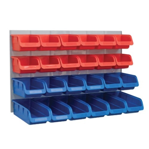 Faithfull FAIPAN24 24 Plastic Storage Bins with Metal Wall Panel, Fixings Included,Blue / Red,12.0 cm*65.6 cm*39.8 cm