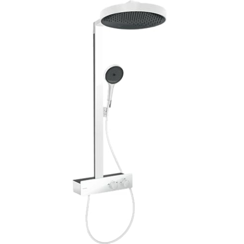 hansgrohe Rainfinity - Duschsystem mit Thermostat, Brausekopf 360mm, Regendusche mit Armatur, Duschkopf (3 Strahlarten inkl. PowderRain), Schlauch, Brausestange und runder Kopfbrause, Mattweiß