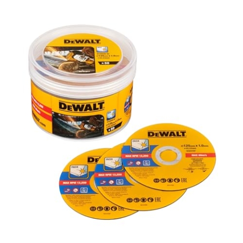 Dewalt Trennscheibe Edelstahl DT20598-QZ (ø 125 mm x 1,0 mm, für schnelle und saubere Schnitte, für Winkelschleifer) 50 Stück im Eimer