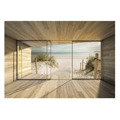 WallArena - Vlies Fototapete Strand Meer Fenster mit Aussicht Ostsee Brücke 368x254 cm - Fototapeten - Tapeten - für Wohnzimmer Schlafzimmer - Vliestapete Wandtapete Tapete 3D Effekt- inkl. Kleister
