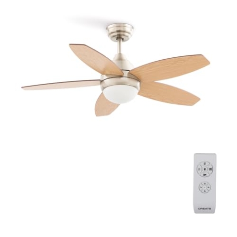 CREATE / WINDFLOWOOD/Deckenventilator mit Beleuchtung Nickel Naturholzflügel mit Fernbedienung/Umkehrbare Flügel, AC-Motor, Programmierbar von 1h bis 4h, 2 Höhen, 3 Lichttemperaturen, 60W, Ø107cm