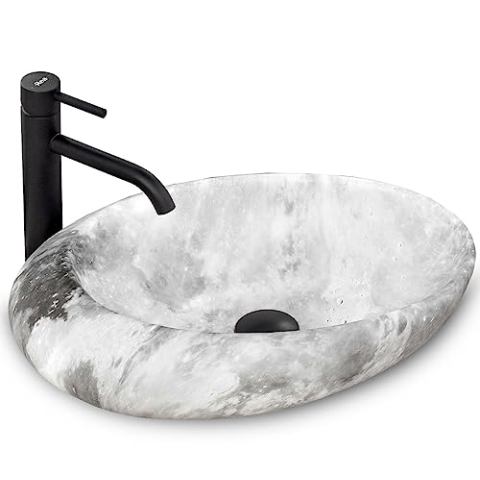 Rea Waschbecken Waschtisch Aufsatzwaschbecken Keramik Handwaschbecken Aufsatz Waschschale Oval Stein 49x31 Grau Badezimmer