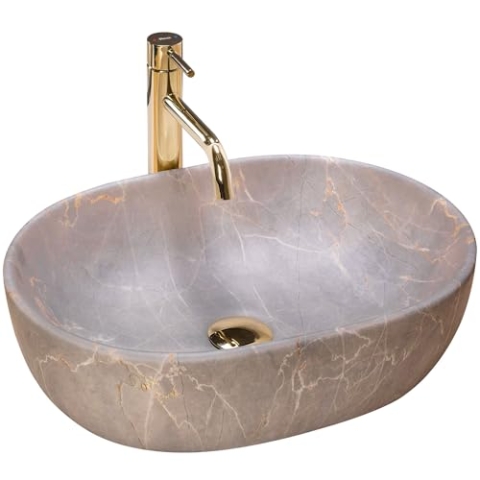 Rea Waschbecken Waschtisch Aufsatzwaschbecken Keramik Handwaschbecken Aufsatz Waschschale Oval Stein 48x35 Grau