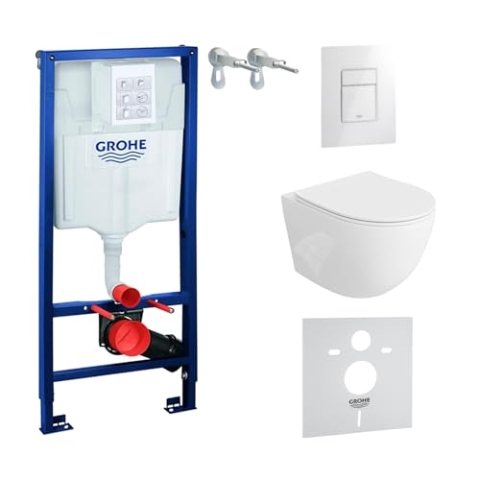 Lavita Vorwandelement Solido + Wand Hänge WC Sinto Weiß Spülrandlos + WC Sitz mit Absenkautomatik Glänzend Weiß Knopf Komplettset Unterputz Spülkasten Toilette Komplett Sett WC