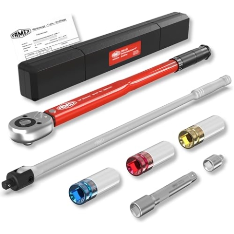 FAMEX 10914 Drehmomentschlüssel Set 1/2" (12,5mm) 30-210 Nm, für Reifenwechsel - inkl. 3 Stecknüsse und hochbelastbarer 60cm-Gelenkschlüssel 630Nm, Verlängerung, Radwechsel Set