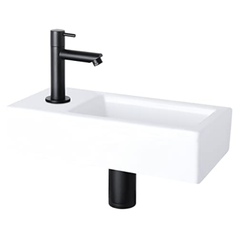 Differnz Helios Waschbecken klein, Handwaschbecken Keramik Weiß, Schwarz Armaturen Wasserhahn Links, Waschtisch, Kaltwasserhahn – 37.5 x 18 x 9.5 cm