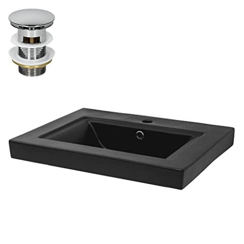 ML-Design Waschbecken aus Keramik Schwarz matt 61x46,5x15,5 cm Eckig mit Ablaufgarnitur, Einbauwaschbecken mit Hahnloch und Überlauf, Aufsatzwaschbecken Einbauwaschtisch Waschschale Handwaschbecken