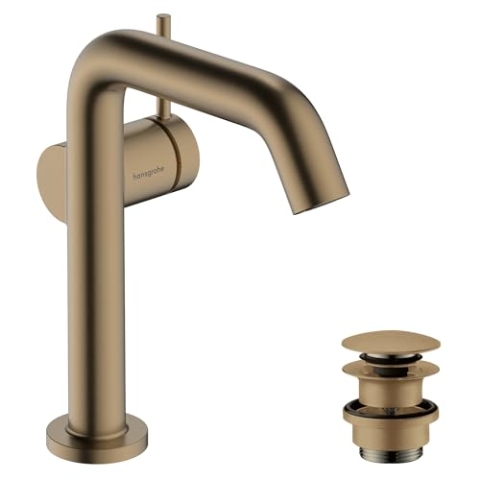 hansgrohe Tecturis S Fine - Waschtischarmatur mit Push-Open Ablauf, energiesparend (CoolStart), Wasserhahn Bad Auslauf Höhe 150mm, Mischbatterie Waschbecken wassersparend (EcoSmart+), Brushed Bronze