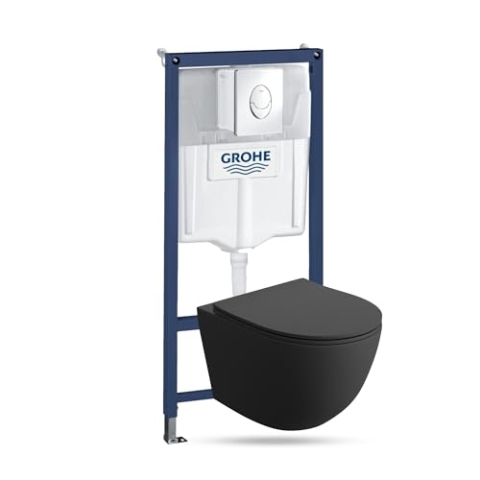 GROHE Vorwandelement Sinto Start + Wand Hänge WC Salto Schwarz Spülrandlos + + WC Sitz mit Absenkautomatik Verchromter Knopf Komplettset Unterputz Spülkasten Toilette Komplett Sett WC