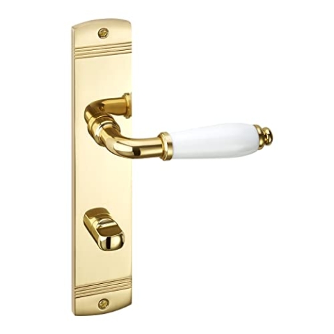 1 Set Türdrücker MATTEO Messing poliert, Griff Porzellan weiß glänzend Bad (WC) Türdrücker auf Langschild Badezimmer-Garnitur mit Befestigungsmaterial von Sotech