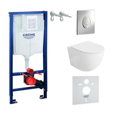 Lavita Vorwandelement Solido Start + Wand Hänge WC Sinto Weiß Spülrandlos + WC Sitz mit Absenkautomatik Verchromter Knopf Komplettset Unterputz Spülkasten Toilette Komplett Sett WC