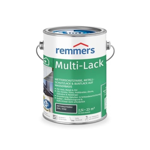 Remmers Multi-Lack 3in1 anthrazitgrau (RAL 7016), 2,5 Liter, Wetterschutzfarbe, Metallschutzlack & Buntlack auf Wasserbasis für Holz, Metall & PVC