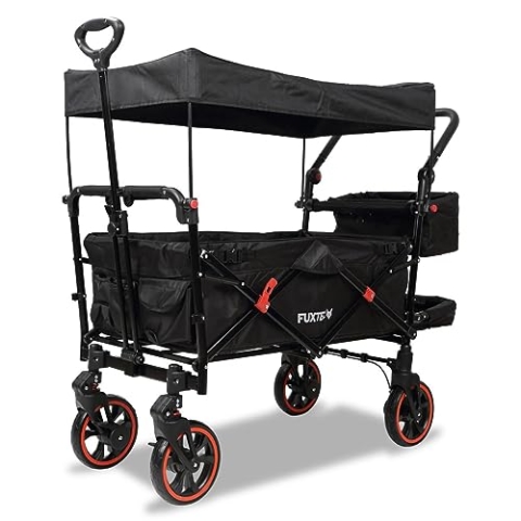 FUXTEC faltbarer Bollerwagen FX-CT850 Schwarz – klappbar mit Dach, Vorder- und Hinterrad-Bremse, Vollgummi-Reifen & Innenraumverlängerung – für Kinder geeignet – Das Original