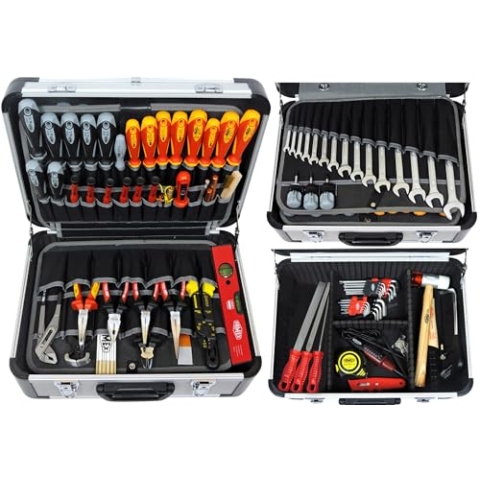 FAMEX 418-88 Profi Alu Werkzeugkoffer gefüllt mit Werkzeugset groß, für den gewerblichen Einsatz, Werkzeug aus deutscher Produktion, Bestückter Koffer mit Einstecktaschen