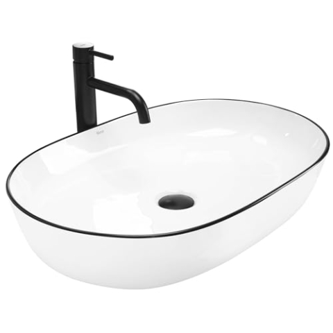 Rea Aufsatzwaschbecken CLEO white Black edge Waschtisch Handwaschbecken Waschschale Waschbecken für Badezimmer aus hochwertiger Keramik 410 x 605 x 140 mm (weiß/schwarz)
