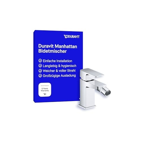 Duravit Manhattan Einhebel-Bidetarmatur (Auslauf Höhe 90 mm), Bidetmischer mit Zugstangen-Ablaufgarnitur, Chrom