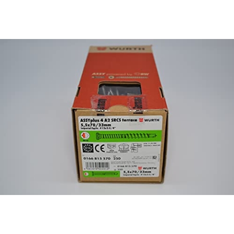 Würth AssyPlus 4 A2 SRCS Terrassenbauschraube Edelstahl A2 5,5x70mm, 250 Stk/Pack, Teilgewinde Linsensenkkopf RW 20