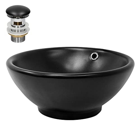 ML-Design Waschbecken aus Keramik in Schwarz matt Ø 420x170 mm mit Ablaufgarnitur, Runde Aufsatzwaschbecken, Moderne Waschtisch, Waschschale mit Überlauf und Abflussloch, Waschplatz Handwaschbecken