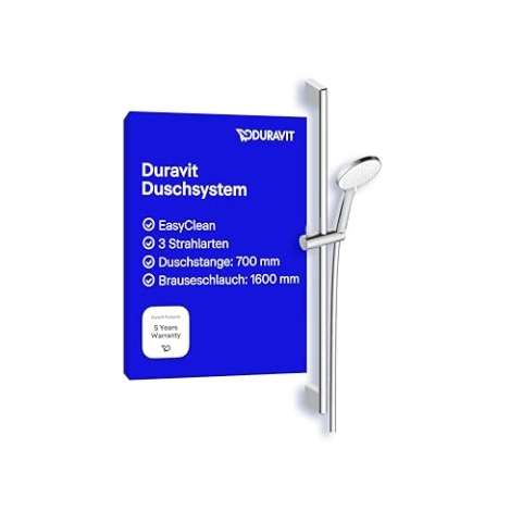 Duravit Universal Duschsystem, Duschset mit 3 Strahlarten (Rain, Intense Rain, Soft Rain), Duschstange (700 mm) mit höhenverstellbarer Handbrause, Brauseschlauch mit Verdrehschutz, Chrom/Weiß