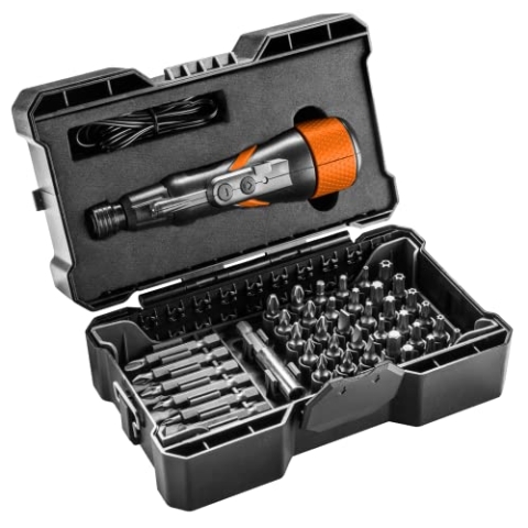 NEO TOOLS Akku-Schraubendreher micro-USB 3,6V, Li-Ion, Drehzahl 280 U/min, Werkzeugaufnahme 6,35 mm (¼"), max. Drehmoment 2,1 Nm, 0,16 kg, Zubehör: Bits kurz, Bits lang, Bit-Adapter, Anschlusskabel