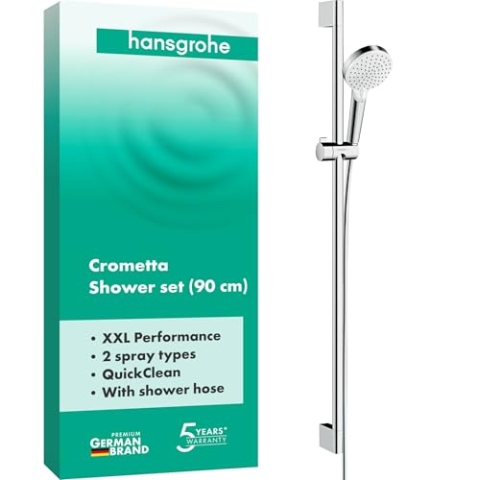 hansgrohe Crometta - Duschset, runder Duschkopf mit Brausestange 90 cm, Duschkopfhalterung und Brauseschlauch 160cm, Duschbrause mit 2 Strahlarten, Weiß/Chrom