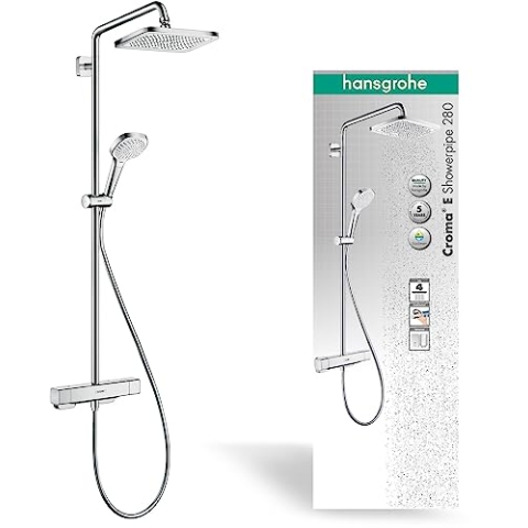 hansgrohe Croma E - wassersparendes Duschsystem (EcoSmart) mit Thermostat, Regendusche (280 x 170 mm) mit Armatur, Handbrause, Schlauch, Brausestange und eckiger Kopfbrause, Chrom, 27660000