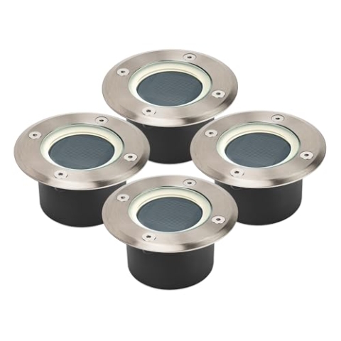 Brendz 4 Stück Solar Bodenleuchten Aussen, LED, 20 Lumen, IP67 Wasserdicht, 3000K Warmweißes Licht, Lithium-Polymer-Akku, Solar Gartenleuchten, Bodenstrahler Außen, Silber, Doha