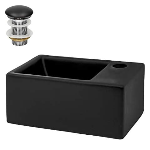 ML-Design Waschbecken Keramik Schwarz matt 35,5x20,5x12,5 cm klein inkl. Ablaufgarnitur, Moderne Aufsatzwaschbecken ohne Überlauf, Hahnloch rechts, Waschtisch Waschschale Waschplatz, für Badezimmer