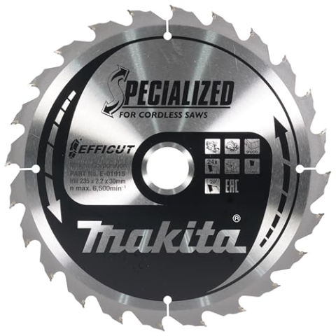 Makita E-01915 EFFICUT Kreissägeblatt Ø 235 x 2,2 x 30 mm, 24 Zähne, 20° Zahnwinkel, für saubere und schnelle Schnitte in Holz, für Akku-Handkreissägen