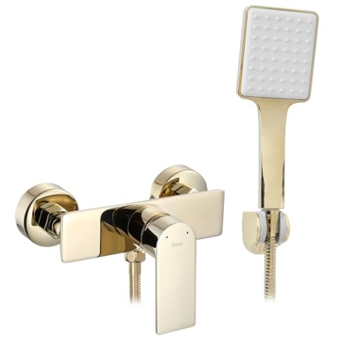 Rea Duscharmatur URBAN GOLD Einhebel Brausebatterie mit Duschkopf aus Messing Mischbatterie für Dusche Brausearmatur Bad (helles gold)