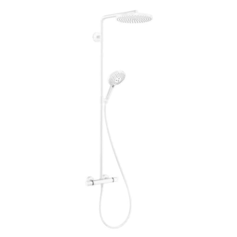 hansgrohe wassersparendes Duschsystem Raindance Select S 240 PowderRain Regendusche (Duschkopf, Duschkopf, Duschstange, Thermostat, Schlauch, 3 Strahlarten) Mattweiß