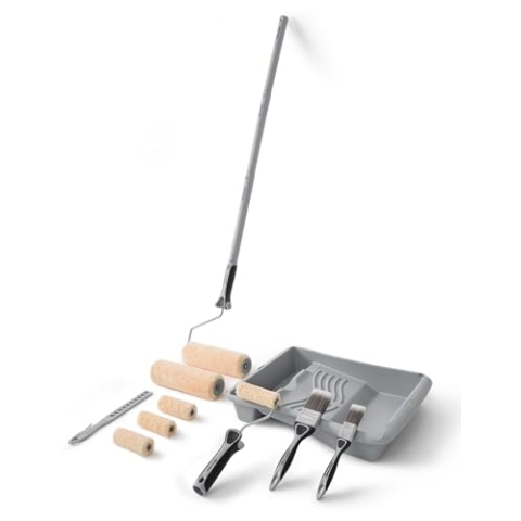 ROLLINGDOG 15-teiliges Farbrolle Set - mit maler teleskopstange Flachpinsel 10,2 cm Farbrolle,Farbrollerabdeckungen,Anschließbare Teleskopstange,Farbwalzenrahmen und Farbrührer