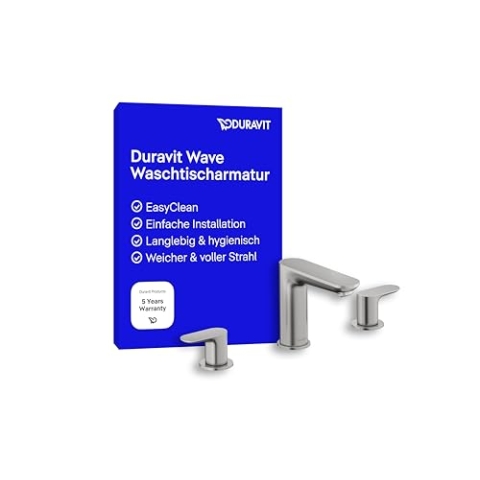 Duravit Wave Waschtischarmatur (Auslauf Höhe 108 mm), 3-Loch Wasserhahn Bad, Armatur Waschbecken, Edelstahl gebürstet