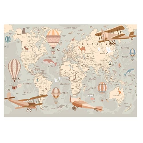 WallArena - Vlies Fototapete Kinderzimmer 416x254 cm Weltkarte Kinder Mädchen Jungen für Kinder - Fototapeten Tapeten für Kinder Kindertapete - Vliestapete Wandtapete Tapete 3D Effekt