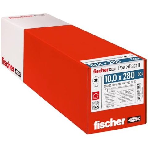 fischer PowerFast II CTP 10,0 x 280, kraftvolle Holzbauschraube mit Senkkopf, Innenstern-Aufnahme und Teilgewinde, für den konstruktiven Holzbau, 50 Stk.