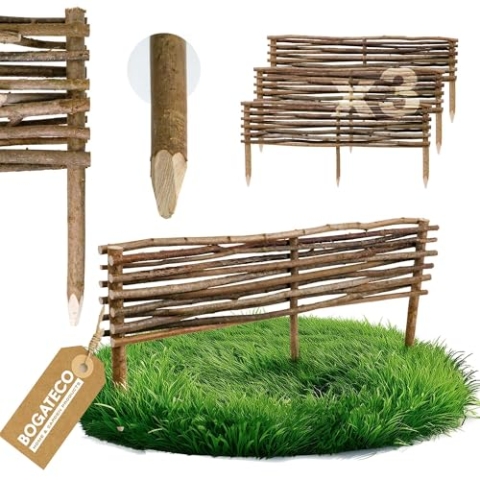BOGATECO 3 x Haselnuss Beeteinfassung | 20 cm Hoch & 90 cm Lang | Staketenzaun Perfekt als Beet-Umrandung oder Weg-Abgrenzung Beeteinfassungen Beetbegrenzung