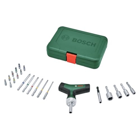 Bosch Bit-Ratschenschraubendreher T-Griff Set, 22-tlg. (max. Drehmoment 46 Nm; Getriebe mit 36 Zähnen; Magnetischer Bithalter; T-Griff mit Softgrip; 16 Bits S2-Stahl; 4 Steckschlüssel; Koffer)