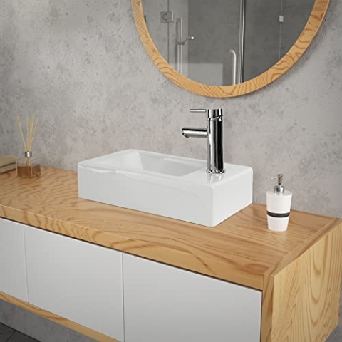 ML-Design Waschbecken aus Keramik in Weiß 46x26x11 cm, Eckig, klein, Hahnloch rechts, Wandmontage oder Aufsatzwaschbecken, Moderne Waschtisch Waschschale Waschplatz Handwaschbecken, für Badezimmer