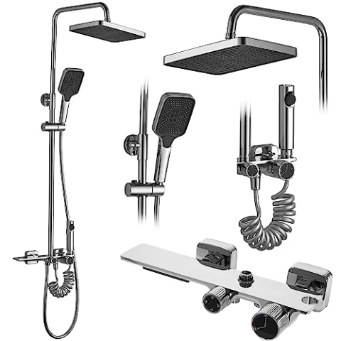 Rea Duschsystem HELIX Chrom Duschset Duscharmatur mit Duschkopf und Kopfbrause aus Messing Duschgarnitur für Badezimmer (Chrom)