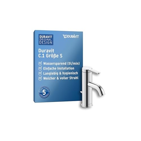 Duravit C.1 Waschtischarmatur, Größe S (Auslauf Höhe 66 mm), Wasserhahn Bad mit Zugstangen-Ablaufgarnitur, Waschbecken Armatur mit Keramikkartusche, Chrom
