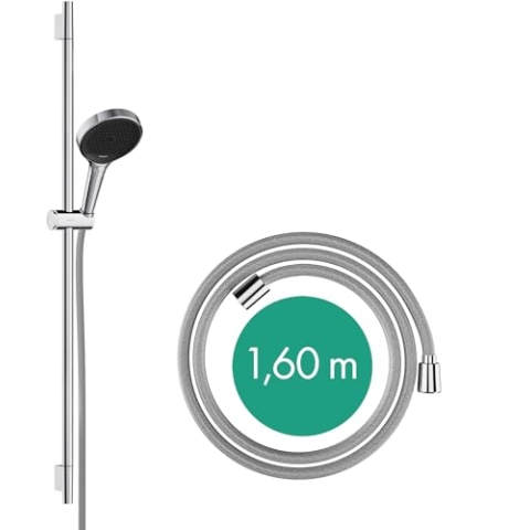 hansgrohe Rainfinity - Duschset, runder Duschkopf mit Brausestange 90cm, Halterung und Designflex Textil Brauseschlauch 160cm, Duschbrause mit 3 Strahlarten, Chrom