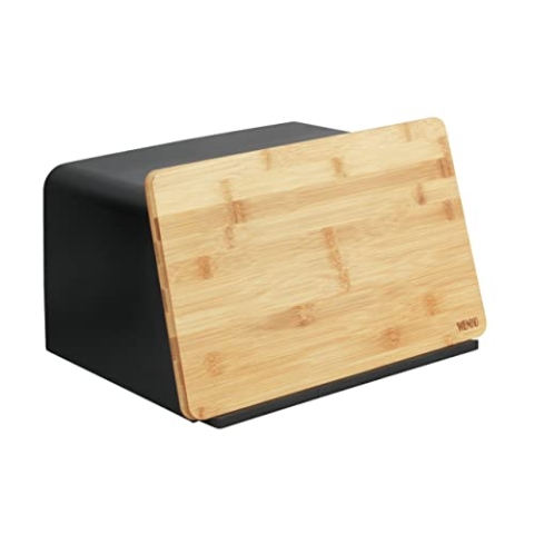 WENKO Brotkasten mit Bambusbrett Kubo, vielseitige Brotaufbewahrung mit Deckel & integriertem Schneidebrett aus Bambus, Frischhaltedose, nachhaltig Brot aufbewahren, 35 x 20,5 x 26 cm, Schwarz/Natur