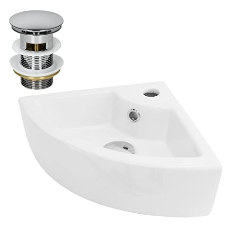 ML-Design Waschbecken Eck Keramik Weiß 46x33x13cm Eckig mit Ablaufgarnitur Wandmontage/Aufsatzwaschbecken Eckwaschbecken mit Überlauf Hängewaschbecken Waschtisch Waschschale Waschplatz Handwaschbecken