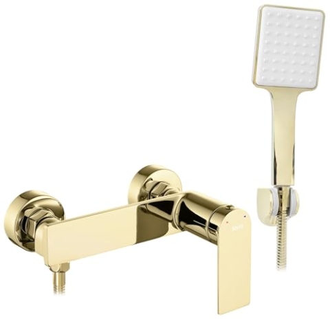 Rea Duscharmatur STORM GOLD Einhebel Brausebatterie mit Duschkopf aus Messing Mischbatterie für Dusche Brausearmatur Bad (Gold)
