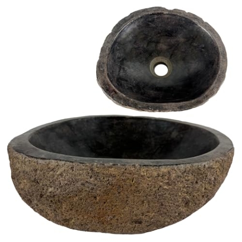Lendo Online Waschbecken oval Flussstein - Naturstein - Waschtisch für Badezimmer - Aufsatzwaschbecken - Handwaschbecken - Grau (Rostfarben, 30-35x25-30cm)