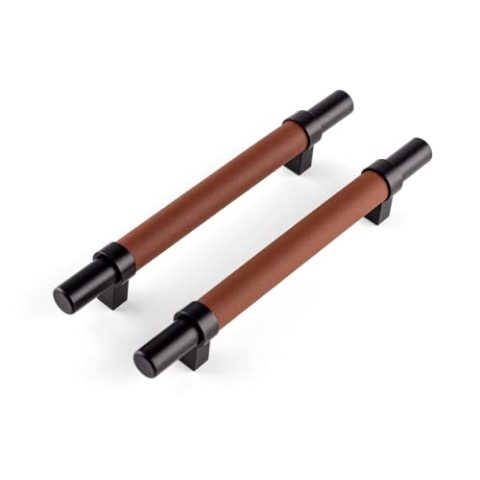 Brute Strength - Möbelgriffe - Stahl & Vollnarbenleder - 128 mm Lochabstand - Schwarz & Braun – 12 Stück - Schrankgriff, Türgriff für Küche, Badezimmer, Schränke, Kommode, Holz
