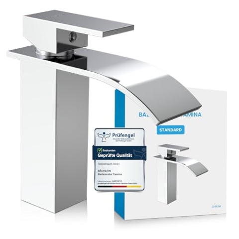 Bächlein Badarmatur Tamina in Wasserfall-Design, Einhebelmischer mit langlebiger Keramikkartusche und Montage-Set, Bad Wasserhahn Chrom