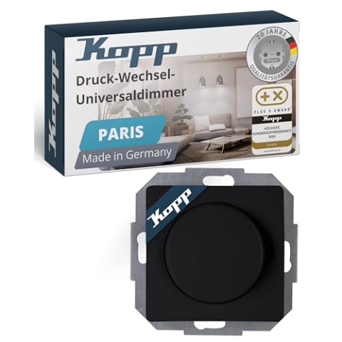 Kopp PARIS Universal-Dimmer-Schalter mit Drehknopf - Matt-Schwarz - Für 10-250W Glühlampen & 3-100W LED - Dimmbarer Lichtschalter mit Phasenan- & abschnitt - Druck-Wechselschalter mit Wellenadapter