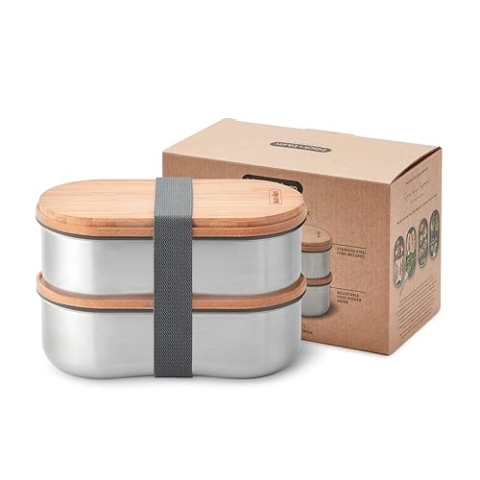 BLACK + BLUM Bento Box Edelstahl mit Bambusholzdeckel, 2 x 500 ML | Sara Kiyo Popowa Edition | 2x auslaufsichere Edelstahl Dose mit Gabel, Bambusdeckel/Schneidebrett & Trennwand | Bento Box Erwachsene
